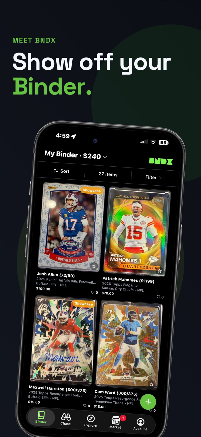 BndX Binder tab showing a graded card collection with total value