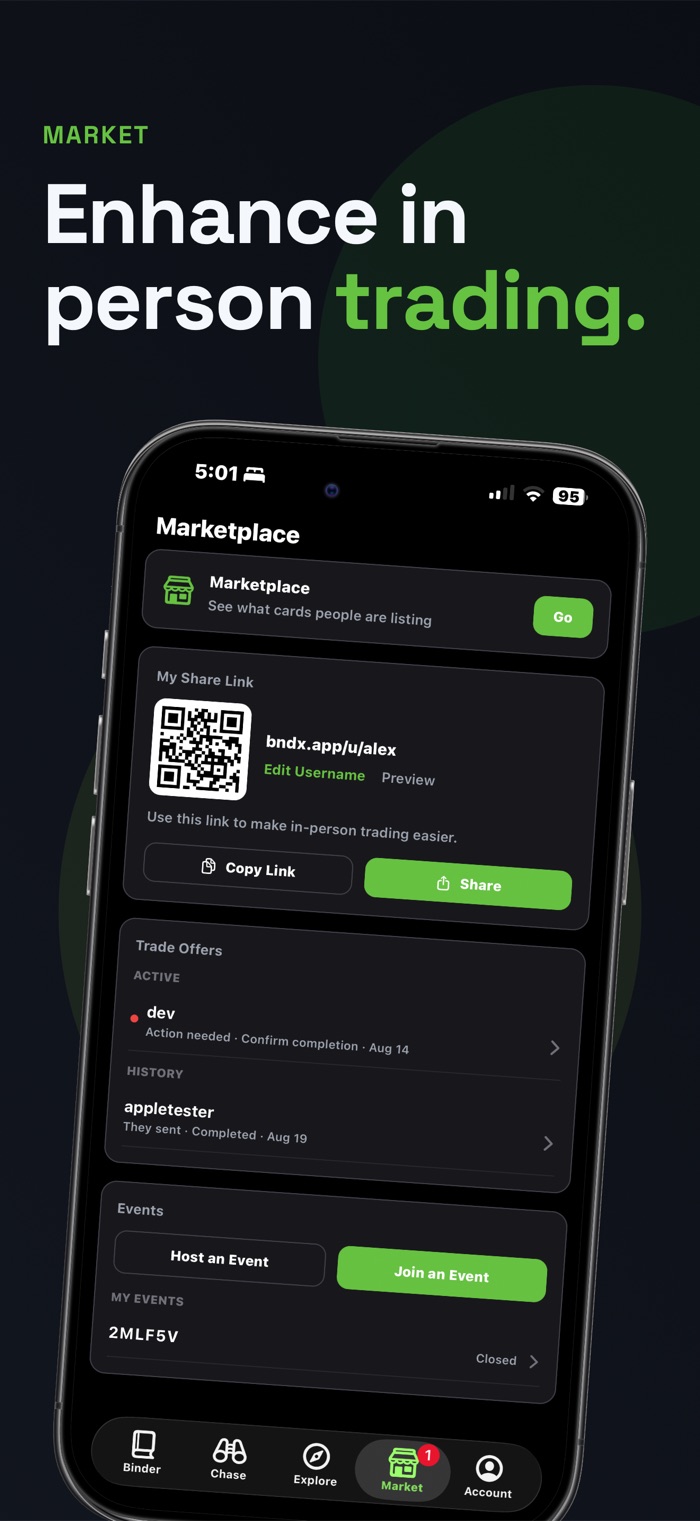 BndX Marketplace tab for in-person trading and share links
